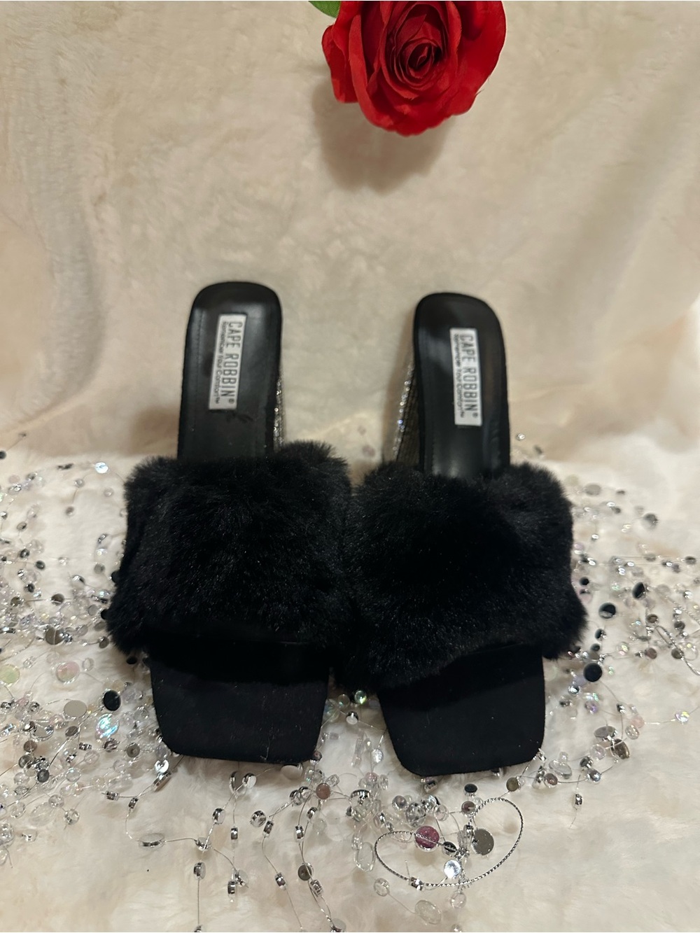 Cape Robbin Black Faux Fur Mules with Rhinestone Block Heel - Picture 4 of 7